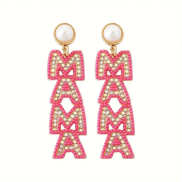 MAMA bling earrings Mother’s Day Pink Pearl beads and rhinestones drop earrings - Picture 3 of 5